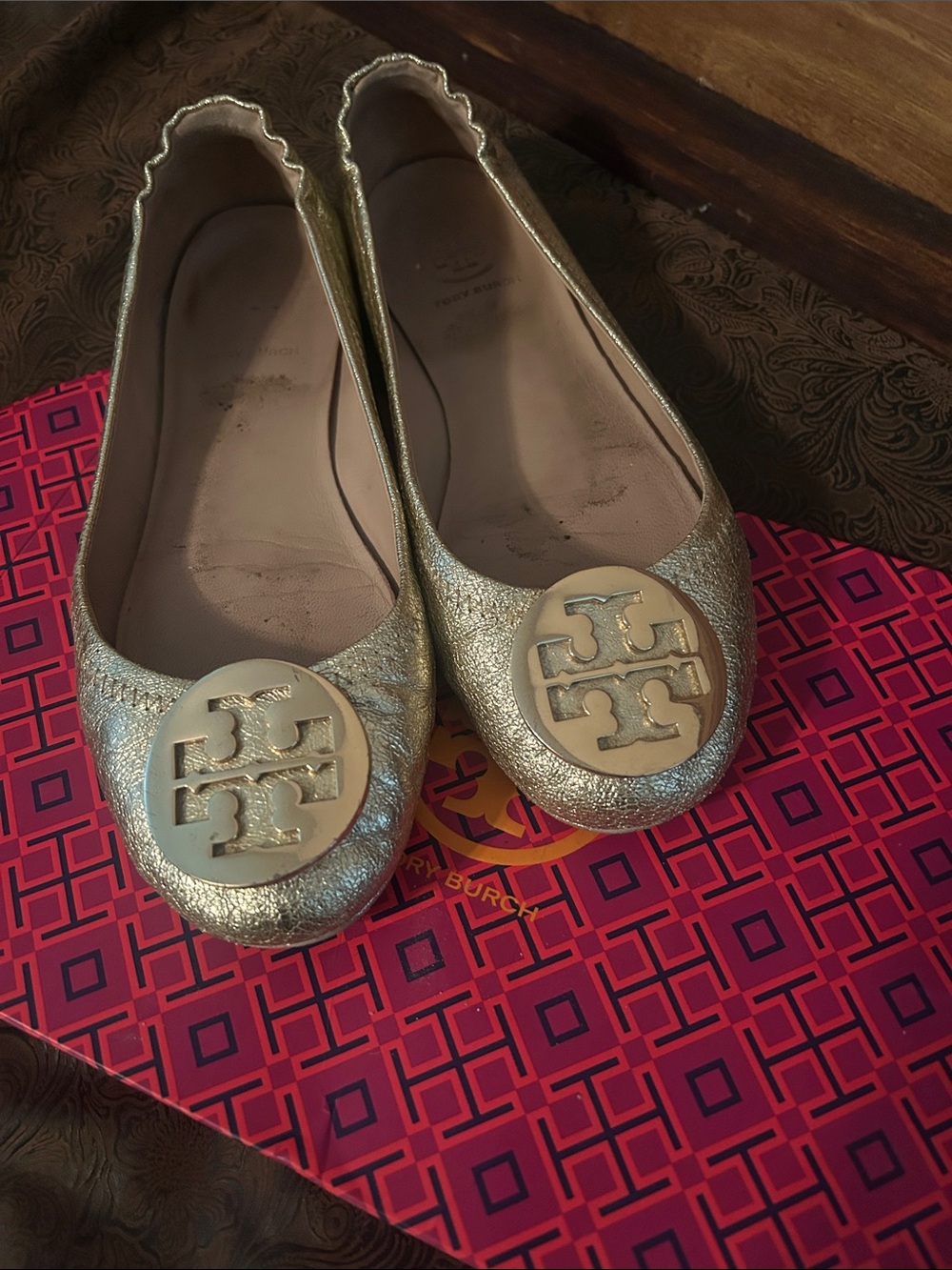 Tory Burch Gold Logo Leather Ballet Flats